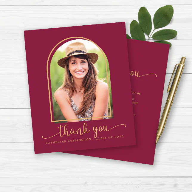Budget Burgundy Gold Photo Graduation Thank You | Zazzle