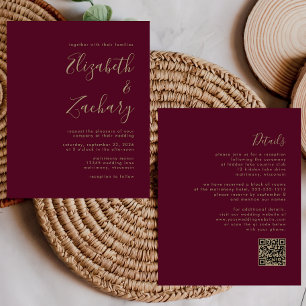 Budget Burgundy Gold QR Code Wedding Invite
