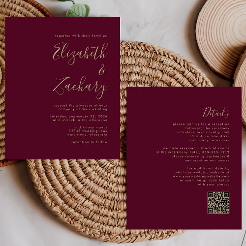 Budget Burgundy Gold QR Code Wedding Invite