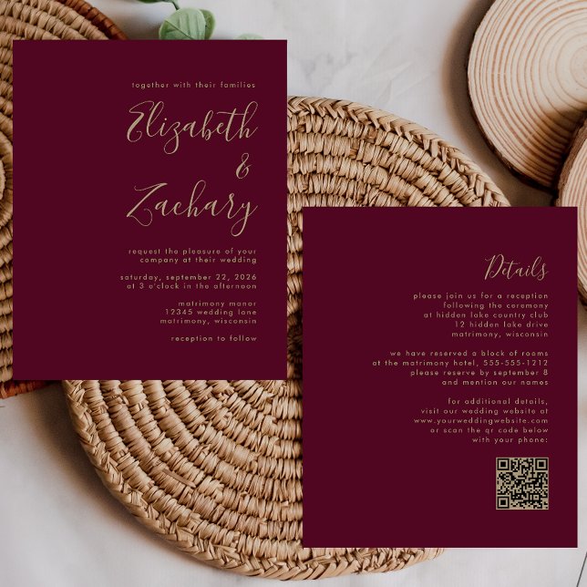 Budget Burgundy Gold QR Code Wedding Invite (Creator Uploaded)