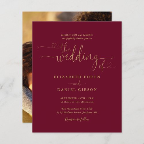 Budget Burgundy Gold Script Photo Wedding Invite