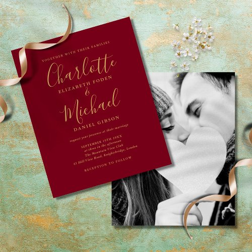 Budget Burgundy Gold Script Photo Wedding Invite