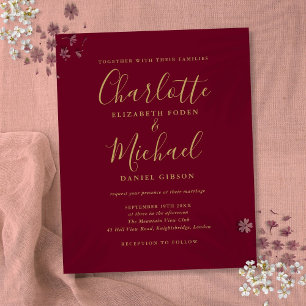 Budget Burgundy Gold Script Wedding Invitation