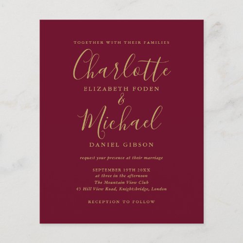 Budget Burgundy Gold Script Wedding Invitation