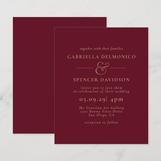 BUDGET Burgundy  Gold Wedding Invitation (Front/Back)
