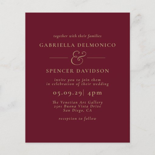 BUDGET Burgundy Gold Wedding Invitation | Zazzle
