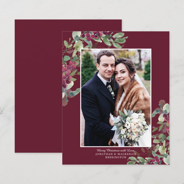 BUDGET Burgundy Greenery Christmas Photo Card (Front/Back)