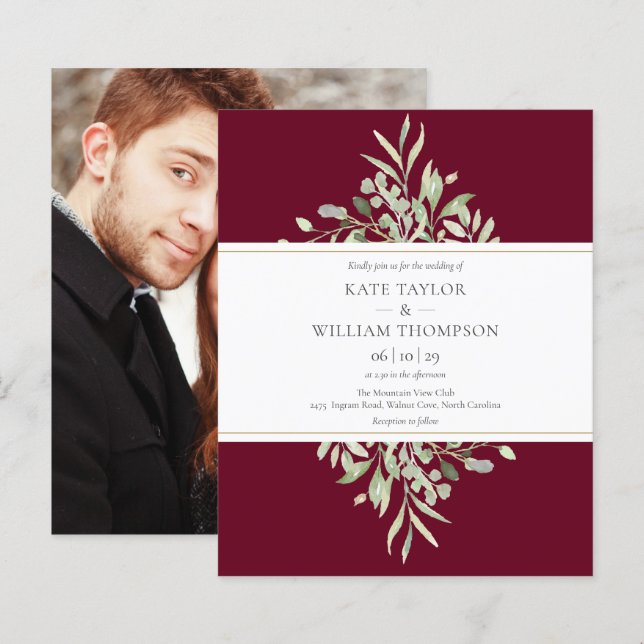 Budget Burgundy Greenery Wedding Photo Invitation (Front/Back)