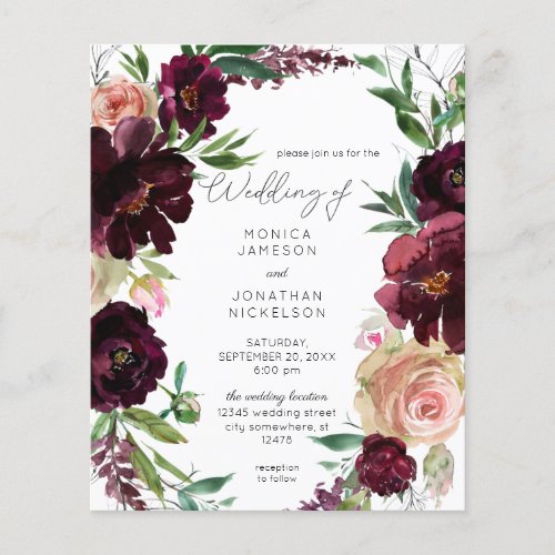 Budget Burgundy  Light Blush Pink Floral Wedding Flyer