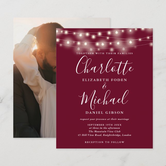 Budget Burgundy Lights Photo Wedding Invitation (Front/Back)