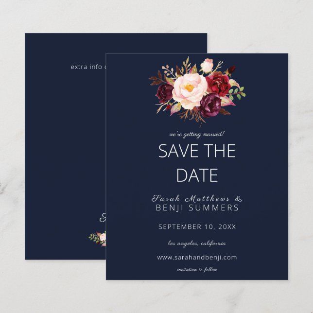 Budget Burgundy Marsa Floral Save the Date - Blue (Front/Back)