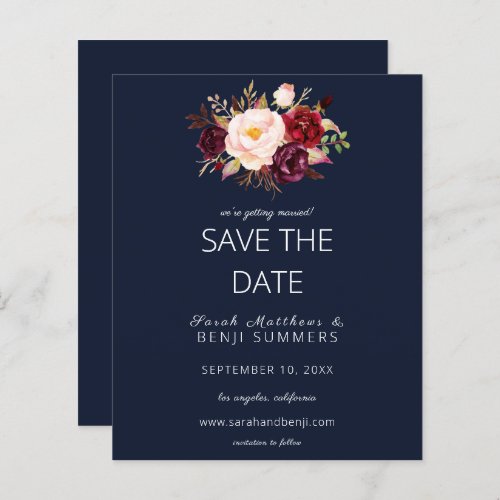 Budget Burgundy Marsa Floral Save the Date _ Blue