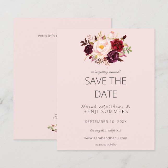 Budget Burgundy Marsa Floral Save the Date- Pink (Front/Back)