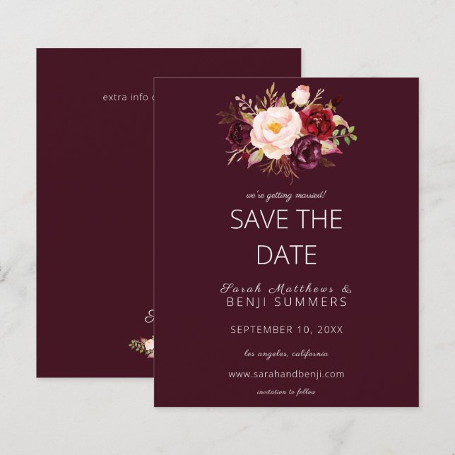 Budget Burgundy Marsa Floral Save the Date - Red (Front/Back)