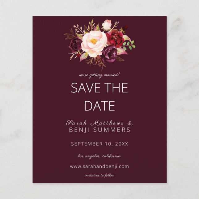 Budget Burgundy Marsa Floral Save the Date - Red Flyer (Front)