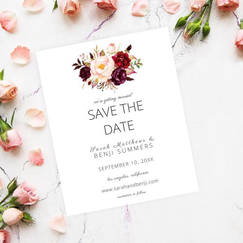 Budget Burgundy Marsa Floral Save the Date_ White Flyer