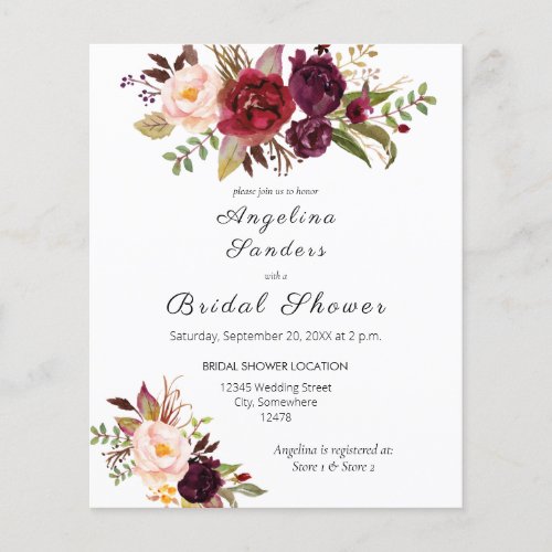 Budget Burgundy Marsala Floral Bridal Shower Flyer