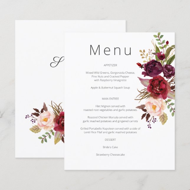 Budget Burgundy Marsala & Pink Floral Menu- White (Front/Back)