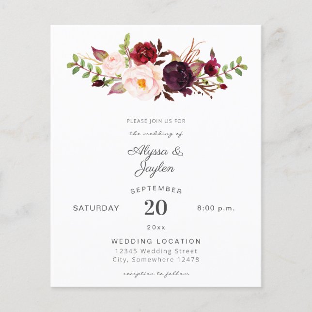 Budget Burgundy Marsala Pink Floral Wedding Flyer (Front)