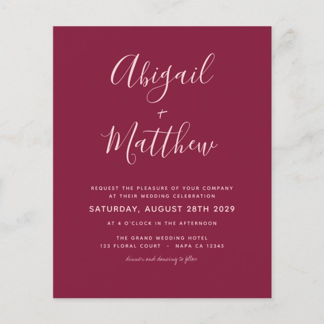 Budget Burgundy Modern Simple Wedding Invitation  (Front)