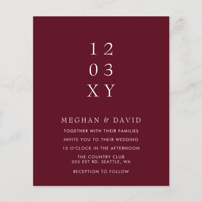 Budget Burgundy Modern Wedding Invitation (Front)