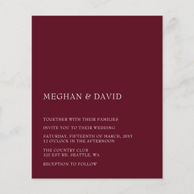 Budget Burgundy Modern Wedding Invitation (Front)