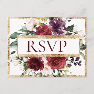 Budget Burgundy Monogram Floral Gold RSVP Postcard