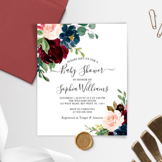 Budget Burgundy & Navy Baby Shower Invitation