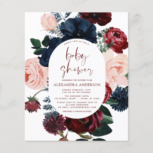 Budget Burgundy Navy Blue Floral Baby Shower Flyer