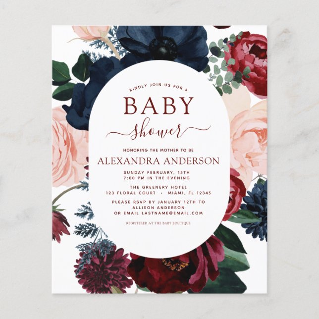 Budget Burgundy Navy Blue Floral Baby Shower Flyer (Front)