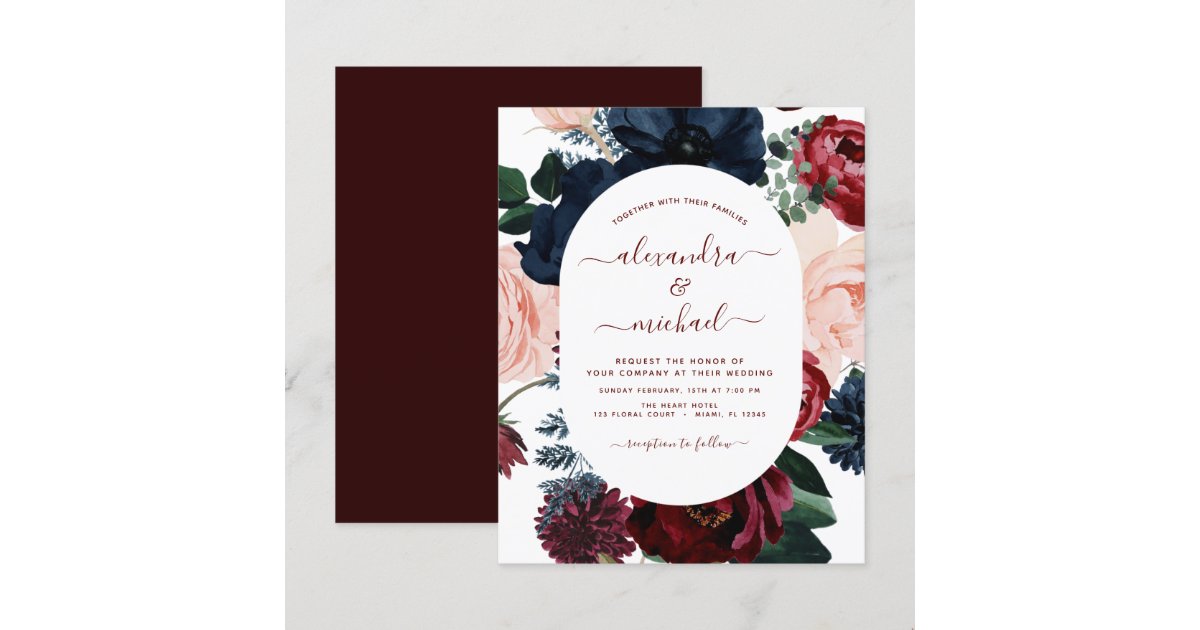 Budget Burgundy Navy Blue Floral Wedding | Zazzle