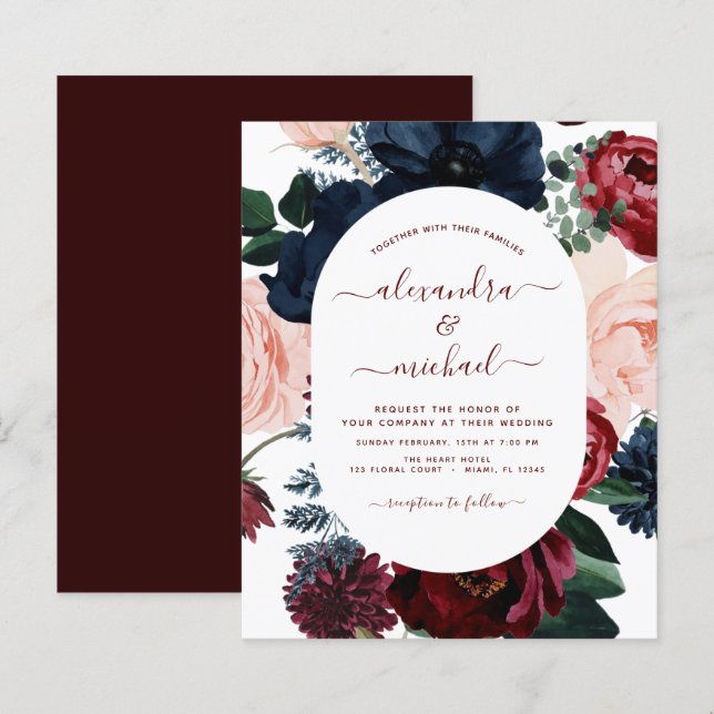 Budget Burgundy Navy Blue Floral Wedding (Front/Back)
