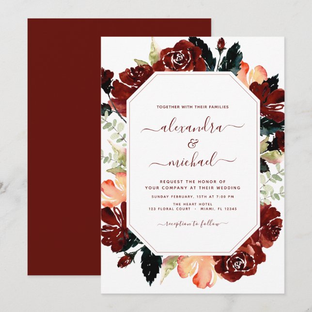 Budget Burgundy Navy Blue Floral Wedding Elegant Invitation (Front/Back)