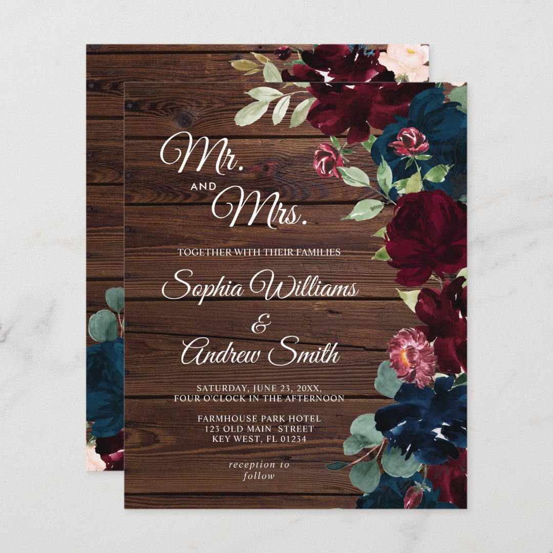 Budget Burgundy & Navy Blue Flowers Wood Wedding | Zazzle