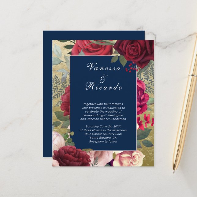 Budget Burgundy Navy Blue Wedding Invitation (Front/Back In Situ)