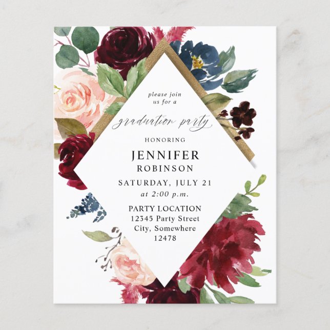 Budget Burgundy Navy & Blush Pink Graduation Party Flyer (Front)