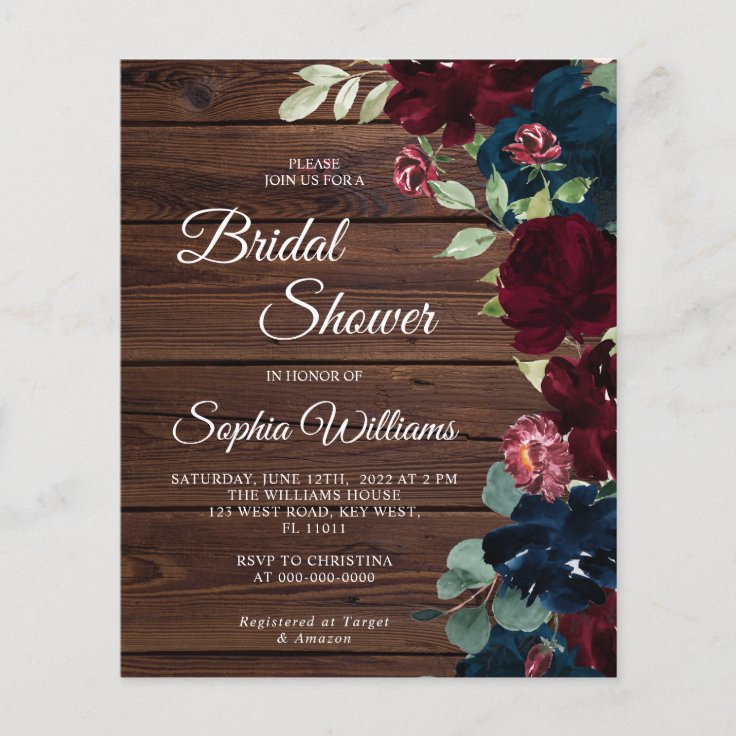 Budget Burgundy & Navy Bridal Shower Invitation | Zazzle