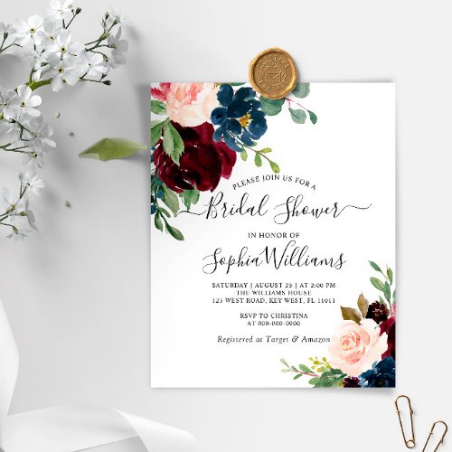 Budget Burgundy  Navy Bridal Shower Invitation