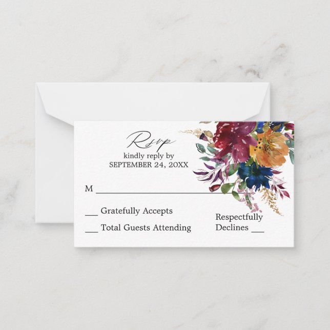 Budget Burgundy & Navy Fall Floral SM No Meal RSVP Note Card (Front)