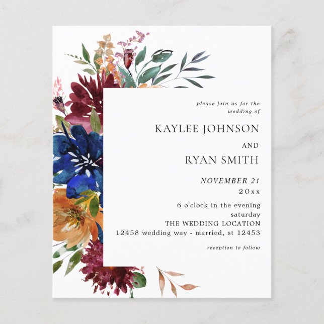 Budget Burgundy & Navy Fall Floral Wedding V2 Flyer (Front)
