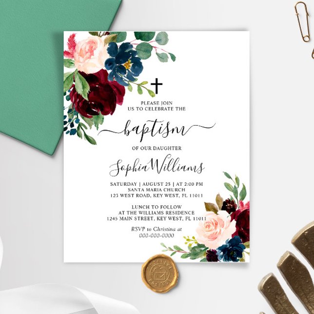 Budget Burgundy & Navy Floral Baptism Invitation (Creator Uploaded)