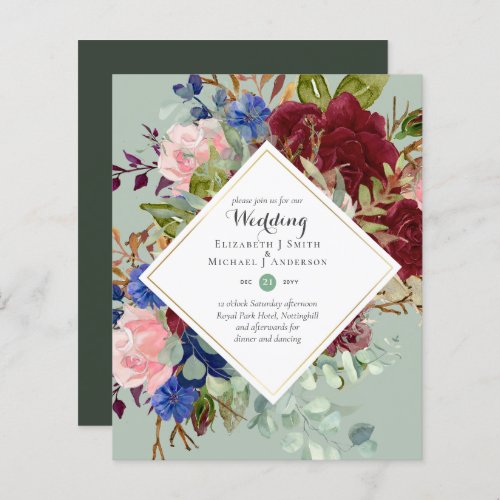 BUDGET Burgundy Navy Floral Wedding Invitations