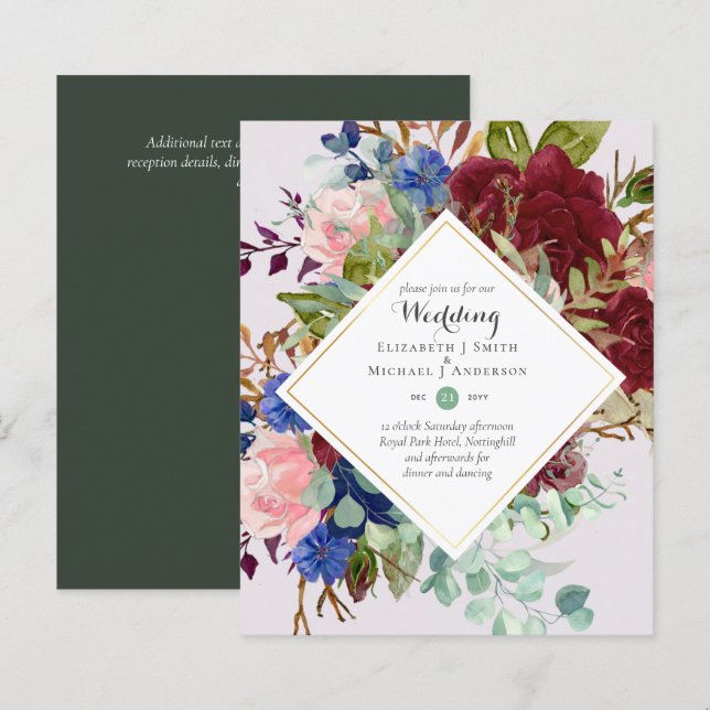 BUDGET Burgundy Navy Floral Wedding Invitations (Front/Back)