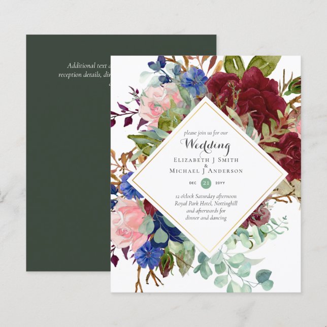 BUDGET Burgundy Navy Floral Wedding Invitations (Front/Back)
