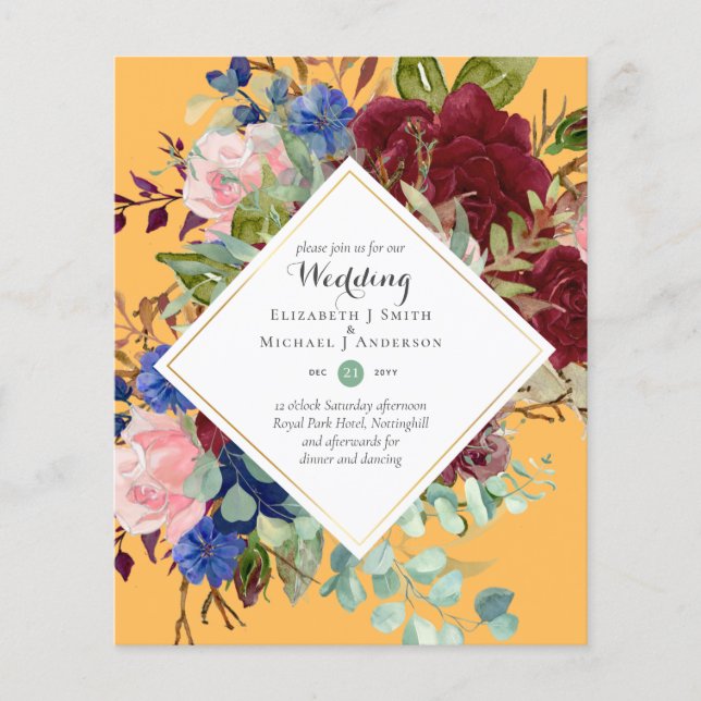 BUDGET Burgundy Navy Floral Wedding Invitations Flyer (Front)