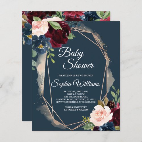 Budget Burgundy Navy  Gold Baby Shower Invitation