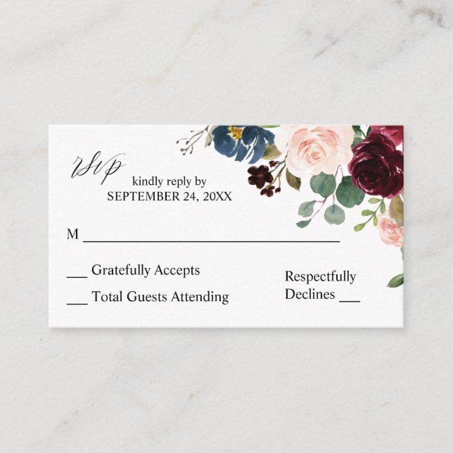 Budget Burgundy, Navy & Pink 2SM No Meal RSVP Note Enclosure Card (Front)