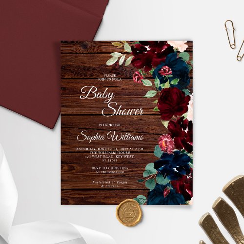 Budget Burgundy  Navy Wood Baby Shower Invitation