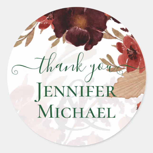Budget Burgundy Orange Fall Floral Wedding Classic Round Sticker | Zazzle