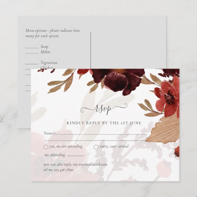 Budget Burgundy Orange Fall Floral Wedding Postcard (Front/Back)